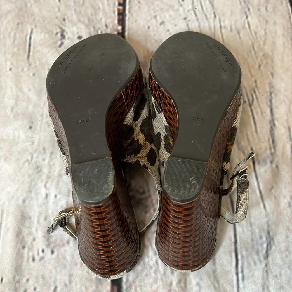 Via Spiga Brown Leopard Linen Leather Lining Slingback Wedge Sandals Size 6.5